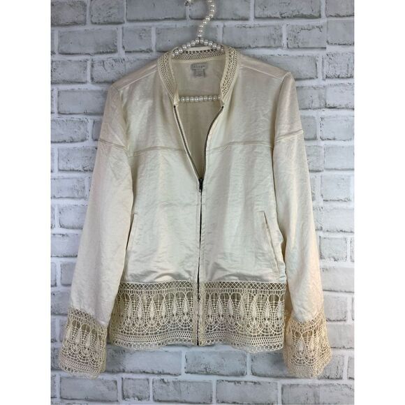 HINGE Silk & Crochet Zip Front Bomber Jacket Ivory Size Small - Picture 4 of 9